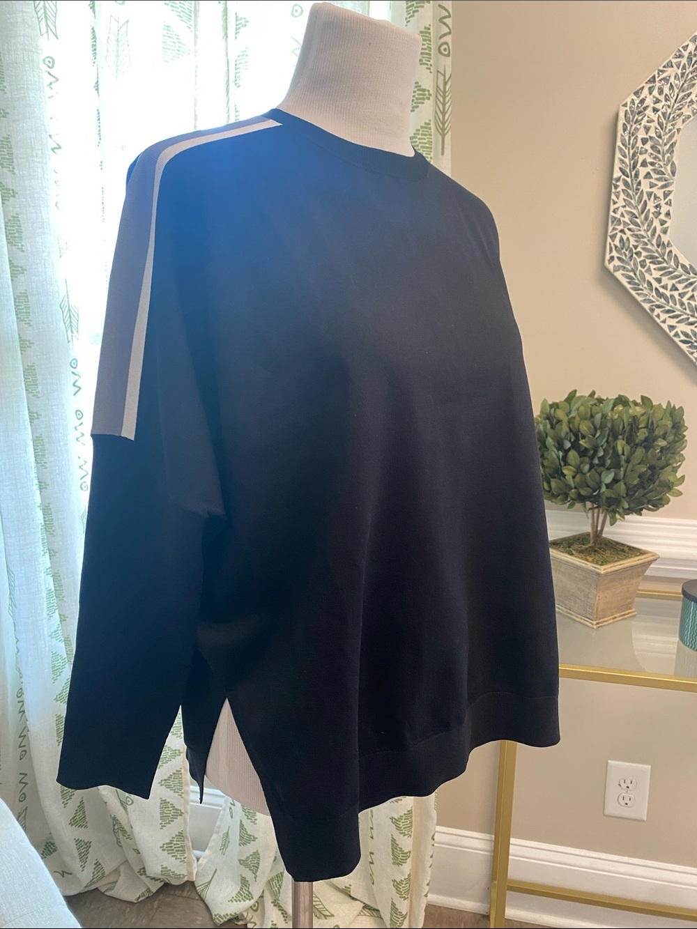 Women's Black Crewneck with White Shoulder Stripe